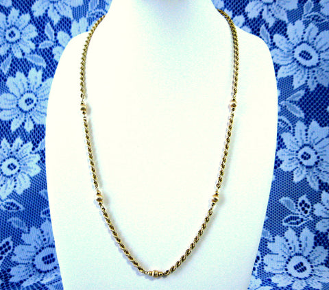 Necklace 14kt Gold Diamond Cut Rope Chain 14kt Gold Beads 16 Inches 1970s Estate