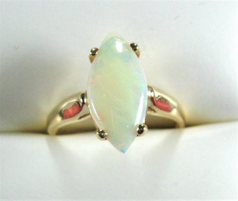 Opal Ring 14k Gold Genuine White Opal Marquise 6 3/4 Cut 1970s October Birthstone