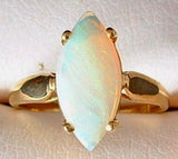 Opal Ring 14k Gold Genuine White Opal Marquise 6 3/4 Cut 1970s October Birthstone
