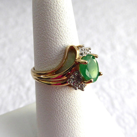 Emerald And Diamond Ring Genuine Oval 1.5 Carat Emerald 6 Diamonds 10k Gold 1970s