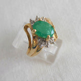 Emerald And Diamond Ring Genuine Oval 1.5 Carat Emerald 6 Diamonds 10k Gold 1970s