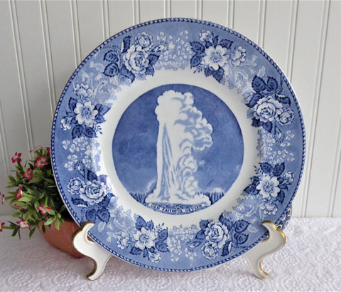 Old Faithful Geyser Yellowstone Blue Transferware Plate Meakin Jonroth 1970s 100 Years