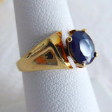 Natural Sapphire Ring 14kt Gold Oval Blue 1 Carat Solitare 1970s Flare Mount