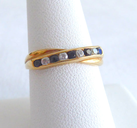 Ring Sapphire Faux Diamond Crossover 1970s English 9Ct Gold Half Eternity Wedding