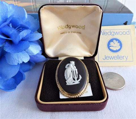 Wedgwood Black Jasper Vintage Brooch Hope Anchor Pin Sterling Silver Gold Plated 1970s Box