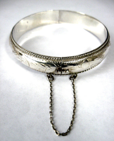 Sterling Silver Bangle Bracelet Handmade Hinged Hand Engraved 1950s Continental