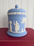 Wedgwood Blue Jasperware Cylinder Box Tea Caddy 1972 Blue On White Sacrifice Figures