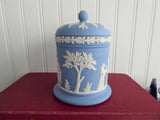 Wedgwood Blue Jasperware Cylinder Box Tea Caddy 1972 Blue On White Sacrifice Figures