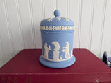 Wedgwood Blue Jasperware Cylinder Box Tea Caddy 1972 Blue On White Sacrifice Figures