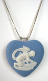 Wedgwood Cupid Blue Jasper Heart Pendant Necklace Convertible Pin 1974 Silver Chain