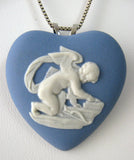 Wedgwood Cupid Blue Jasper Heart Pendant Necklace Convertible Pin 1974 Silver Chain