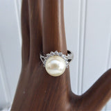 Halo Ring Faux Pearl CZ 1990s Tea Party Large Pearl Silver White Elegant