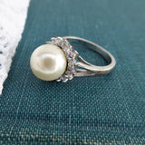 Halo Ring Faux Pearl CZ 1990s Tea Party Large Pearl Silver White Elegant