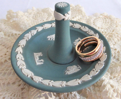 Ring Holder Wedgwood Teal Green Jasperware 1980s Cupids Proposal