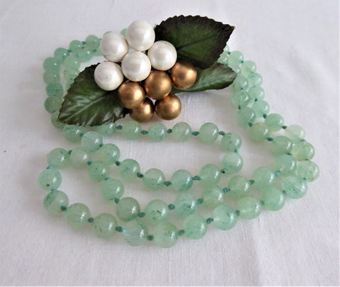 Apple Green Jadeite Knotted Bead Necklace 32 Inches Long Jade Beads Celadon