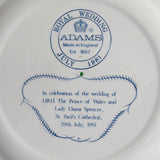 Prince Charles Princess Diana Royal Wedding Blue Transferware Plate Adams 1981