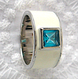 Ring Square Princess Cut Blue Stone White Enamel Size 6 Silver Plated 1990s