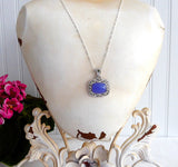 Lavender Jadeite Chinese Cabochon Pendant Necklace 12 Carats Sterling Silver Marcasites