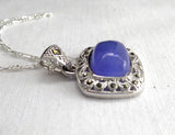 Lavender Jadeite Chinese Cabochon Pendant Necklace 12 Carats Sterling Silver Marcasites