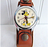 Vintage Mickey Mouse Wristwatch Not Running Leather Band Swiss Movement