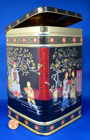 Square English Tea Tin Caddy Oriental Design Biscuit Tin 1930s Oriental Design - Antiques And Teacups - 1