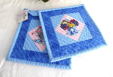 Pair of Padded Teacup Themed Potholders Blue Pink Hand Made Support Animal Charity