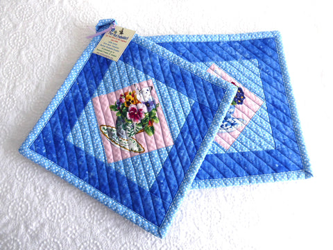 Potholders Pair Padded Teacup Themed Potholders Blue Pink Hand Made Support Animal Charity