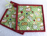Padded Tea Themed Potholders Pair Green Rust Hand Made Support Animal Charity
