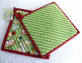Padded Tea Themed Potholders Pair Green Rust Hand Made Support Animal Charity
