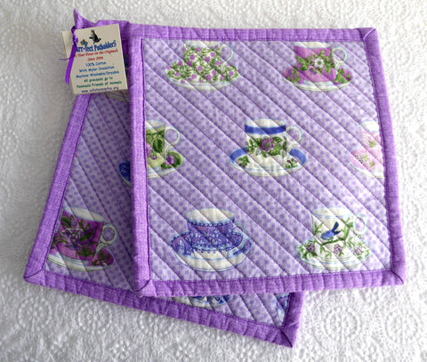 Purple Teacups Padded Potholders Pair of Hand Made Support Animal Charity