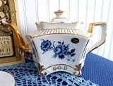 Fancy Teapot Paneled Blue Rose Heavy Gold A Wood Vintage 1960s Original Sticker