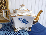 Fancy Teapot Paneled Blue Rose Heavy Gold A Wood Vintage 1960s Original Sticker