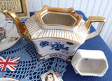 Fancy Teapot Paneled Blue Rose Heavy Gold A Wood Vintage 1960s Original Sticker