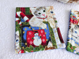 Christmas Kitties Tea Cozy Set Cosy Trivet 2 Mug Mats Gold Metallic Handmade Reversible