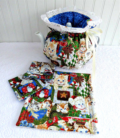 Christmas Kitties Tea Cozy Set Cosy Trivet 2 Mug Mats Gold Metallic Handmade Reversible