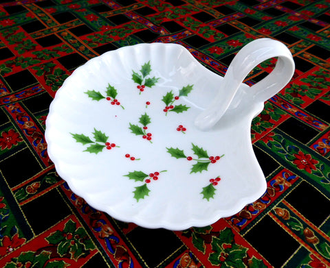 Christmas Dish With Handle Holly Design Porcelain Candy Lemon Dish 1960s