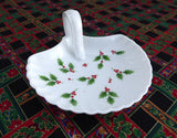 Christmas Dish With Handle Holly Design Porcelain Candy Lemon Dish 1960s