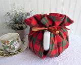 Christmas Colors Plaid Tea Cozy Padded Tea Cosy Gold Metallic Handmade Reversible