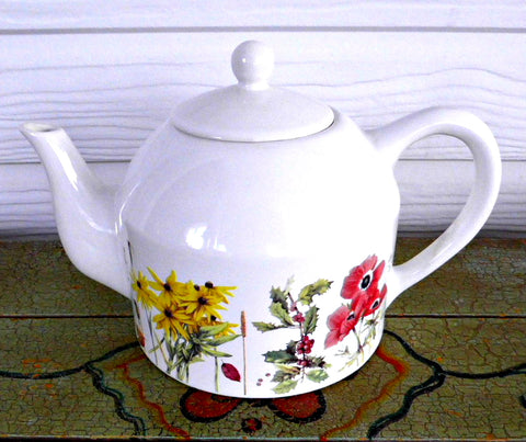 Marjolein Bastin Large Teapot Garden Flowers Signed Poppies Holly Daisies Tulips Daffodils
