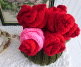 Red Roses Bouquet Knit Tea Cozy Hand Knitted Cosy Medium Stretchy US Artisan