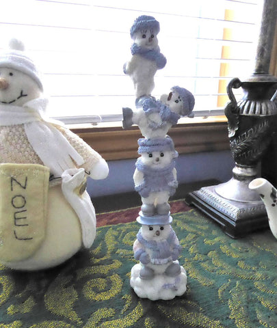 Snow Buddies Stacker Tea Table Decor Snowman Family Blue And White Christmas Winter