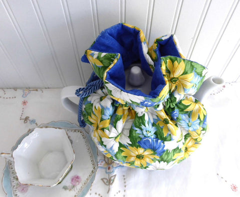 Tea Cozy Blue Yellow Daisies Padded Blue Cord And Blue lining USA Handmade