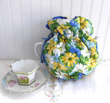 Tea Cozy Blue Yellow Daisies Padded Blue Cord And Blue lining USA Handmade