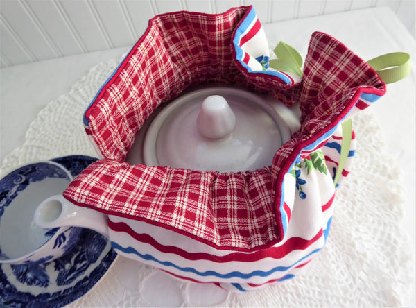 Ric Rac Pattern Tea Set Tea Cozy Cherries Ric Rac Red Plaid USA Handmade Large Cosy Warmer ...