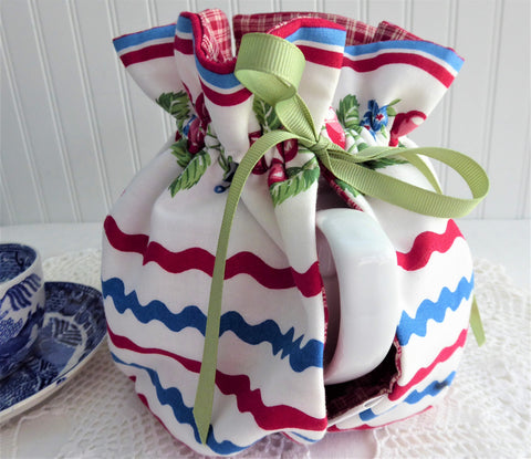 Ric Rac Pattern Tea Set Tea Cozy Cherries Ric Rac Red Plaid USA Handmade Large Cosy Warmer ...