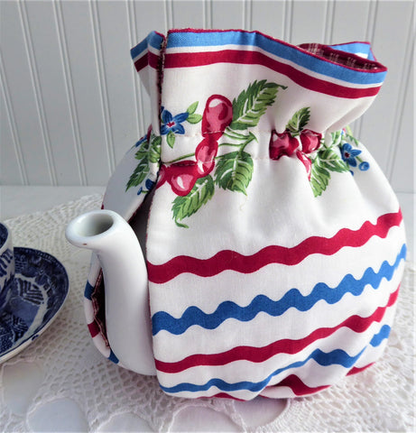 Ric Rac Pattern Tea Set Tea Cozy Cherries Ric Rac Red Plaid USA Handmade Large Cosy Warmer ...