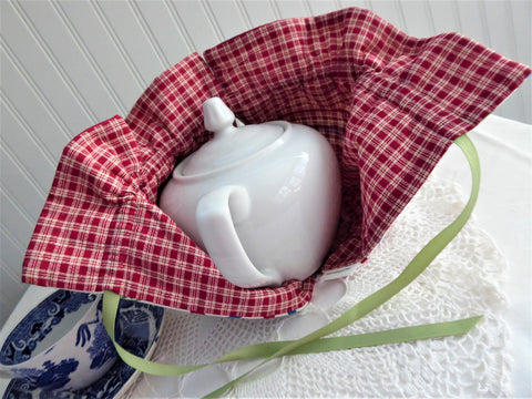 Ric Rac Pattern Tea Set Tea Cozy Cherries Ric Rac Red Plaid USA Handmade Large Cosy Warmer ...