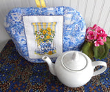 Tea Cozy Padded With Cross Stitch Teacups Blue White Yellow Artisan Made USA