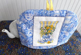 Tea Cozy Padded With Cross Stitch Teacups Blue White Yellow Artisan Made USA