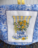 Tea Cozy Padded With Cross Stitch Teacups Blue White Yellow Artisan Made USA